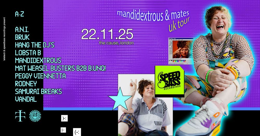 Flyer for Mandidextrous & Mates feat. A.N.I, Lobsta B, Samurai Breaks & More